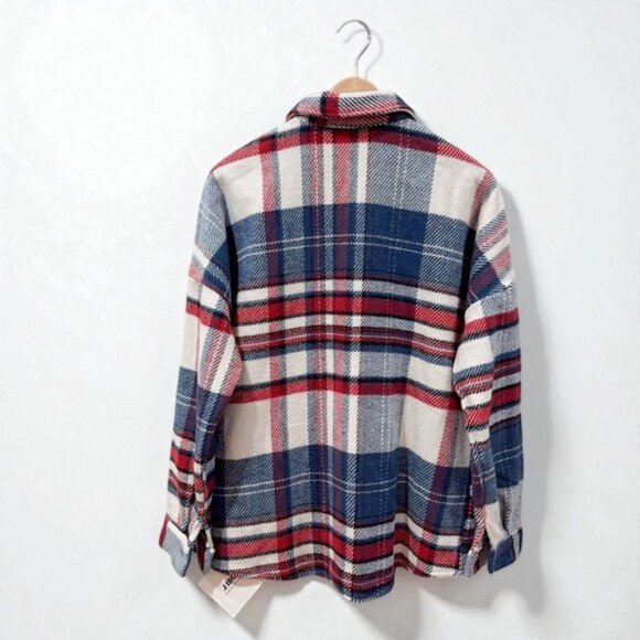 NWT J.ING Jing Vintage Style Red White Blue Plaid Oversized Flannel Shacket - Picture 5 of 8